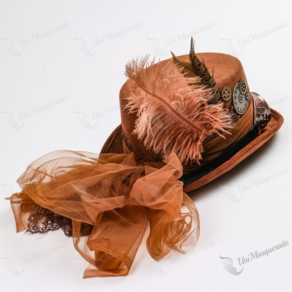 Victorian Brown Steampunk Women Feather lace & Goggles Top Hat Summer Party Mask - Picture 4 of 4
